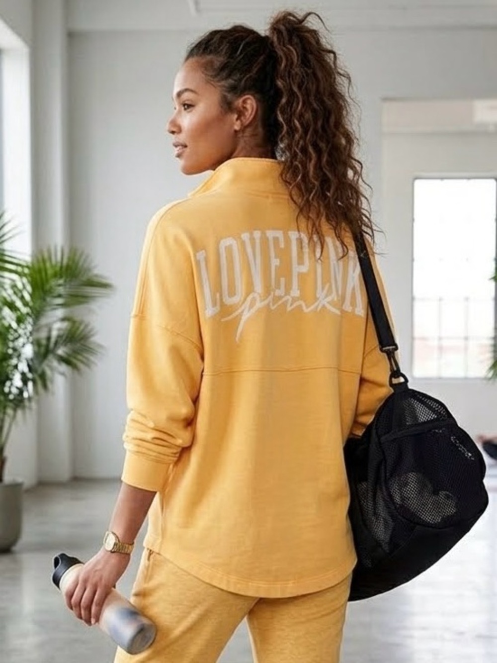 VS PINK Oversized Campus Fleece Quarter-Zip Sweatshirt in Yellow Size M/L